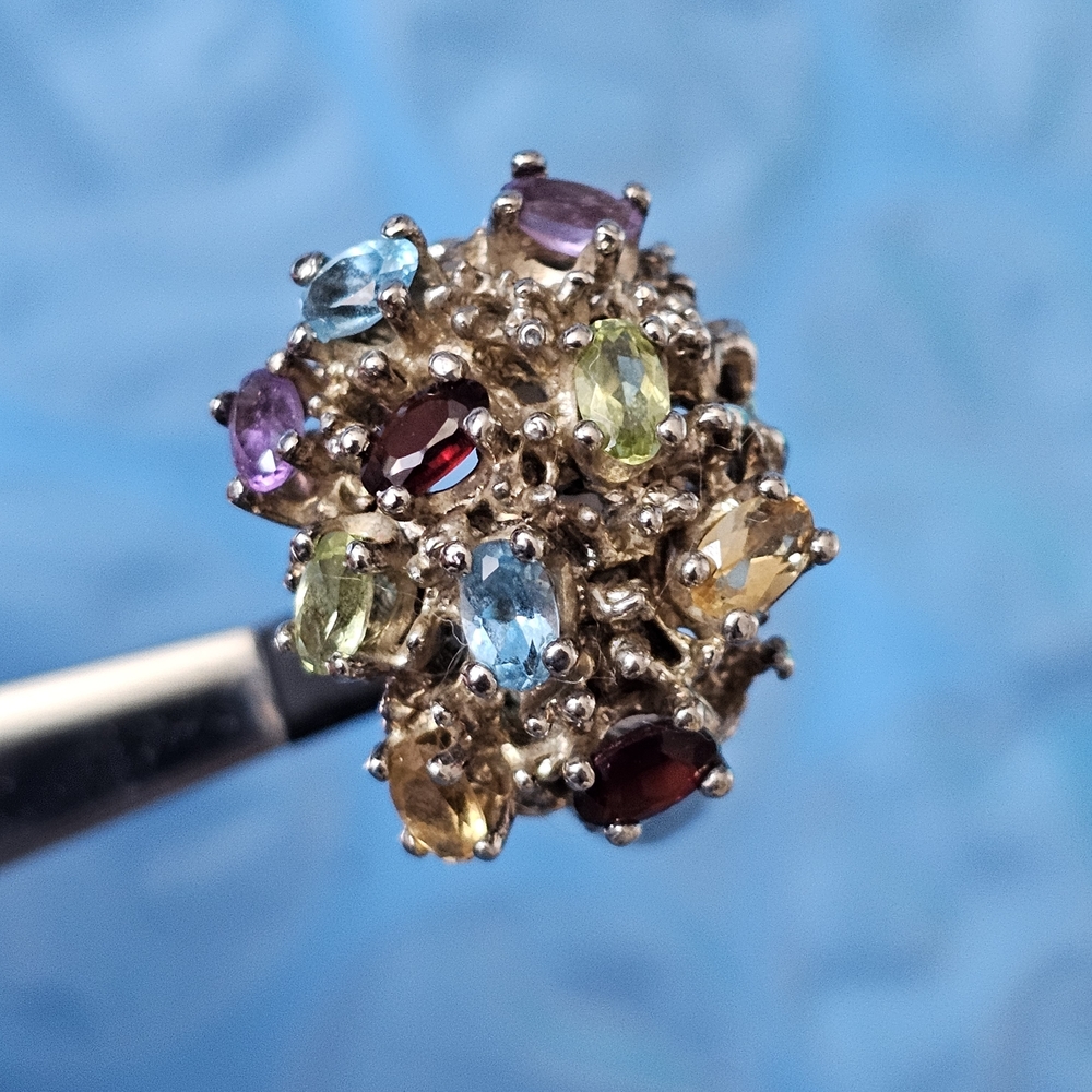 925 Large Elegant Cluster  Multi Gemstone Cluster Ring. 8.5. 10 Semi Precious